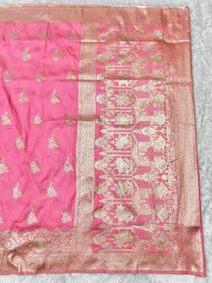 Pink zari woven silk traditional saree with blouse piece 2