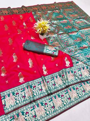 Rani zari woven baluchari silk traditional saree with blouse piece 1