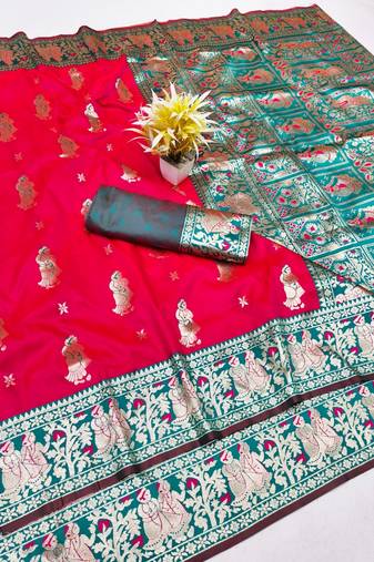 Rani zari woven baluchari silk traditional saree with blouse piece