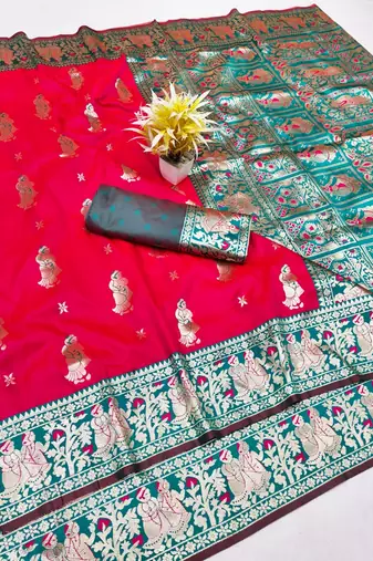 Rani zari woven baluchari silk traditional saree with blouse piece
