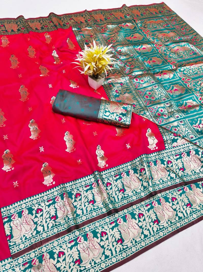Rani zari woven baluchari silk traditional saree with blouse piece