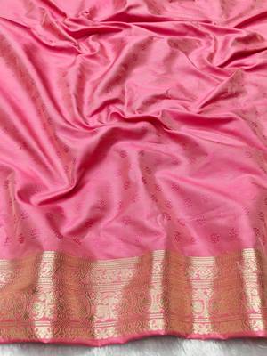 Pink zari woven silk traditional saree with blouse piece 3