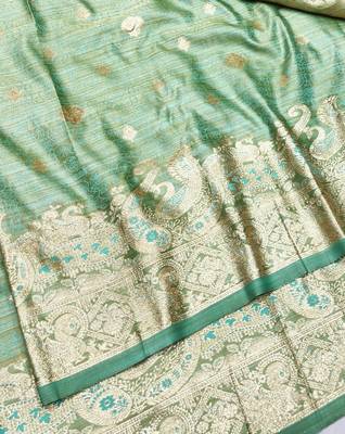 Green zari woven satin silk traditional saree with blouse piece 3