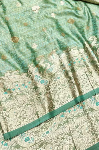 Green zari woven satin silk traditional saree with blouse piece