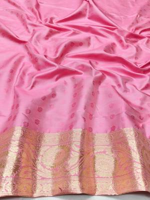 Pink zari woven banarasi silk traditional saree with blouse piece 3