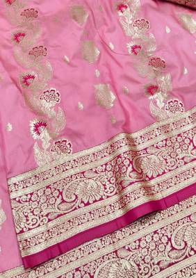 Pink zari woven banarasi silk traditional saree with blouse piece 1