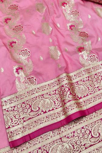 Pink zari woven banarasi silk traditional saree with blouse piece