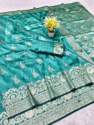 Blue zari woven silk traditional saree with blouse piece 1