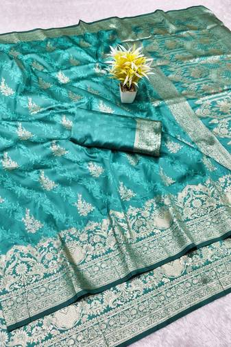 Blue zari woven silk traditional saree with blouse piece