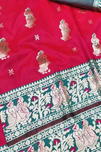 Rani zari woven baluchari silk traditional saree with blouse piece