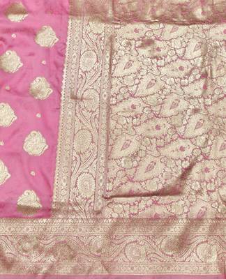 Pink zari woven banarasi silk traditional saree with blouse piece 4