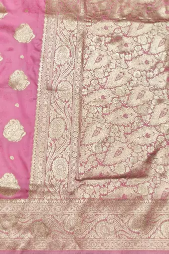 Pink zari woven banarasi silk traditional saree with blouse piece