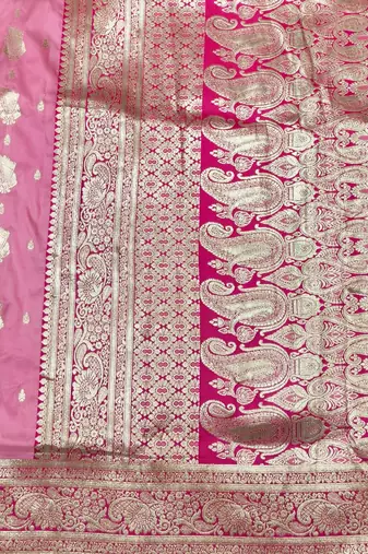 Pink zari woven banarasi silk traditional saree with blouse piece