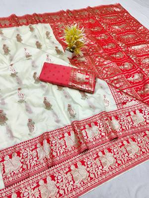 Cream zari woven baluchari silk traditional saree with blouse piece 1