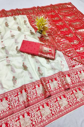 Cream zari woven baluchari silk traditional saree with blouse piece