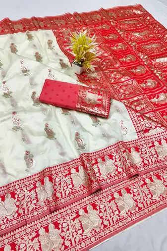 Cream zari woven baluchari silk traditional saree with blouse piece
