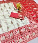 Cream zari woven baluchari silk traditional saree with blouse piece
