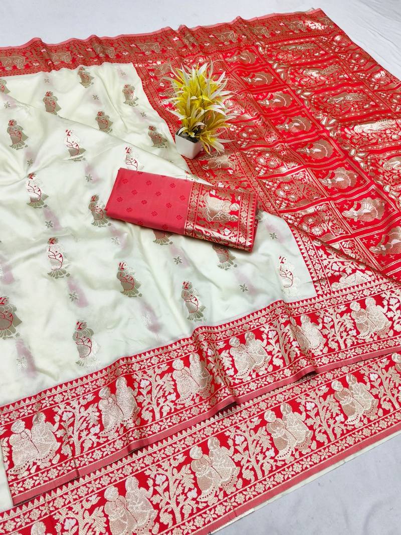 Cream zari woven baluchari silk traditional saree with blouse piece
