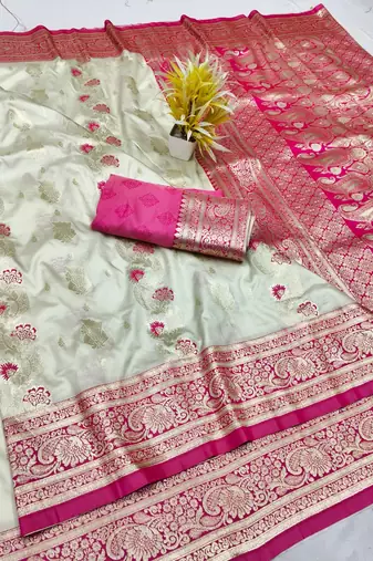 Cream zari woven silk traditional saree with blouse piece