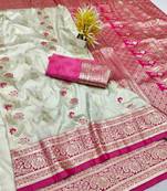 Cream zari woven banarasi silk traditional saree with blouse piece