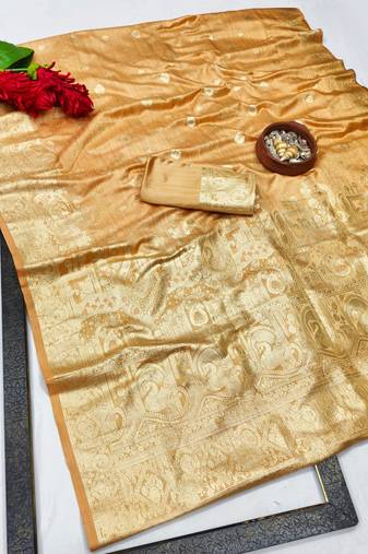 Peach zari woven satin silk traditional saree with blouse piece