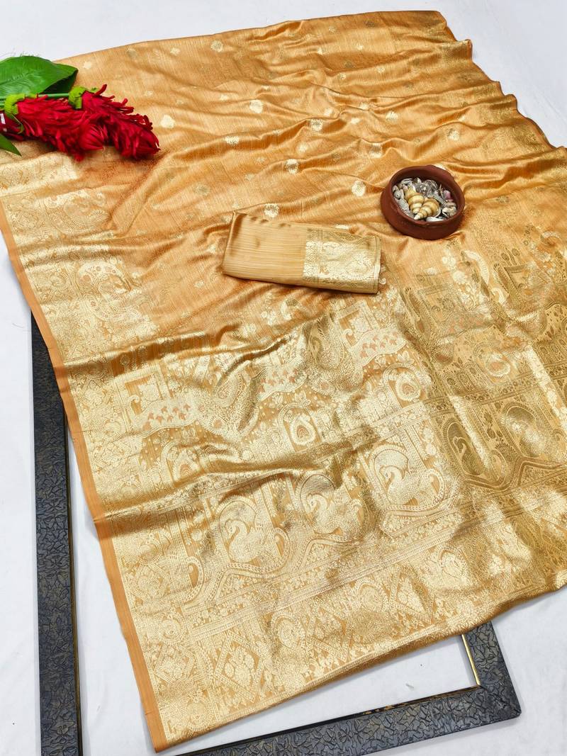 Peach zari woven banarasi satin silk traditional saree with blouse piece