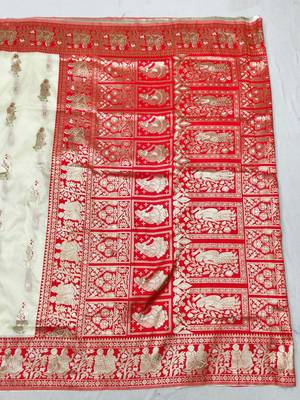 Cream zari woven baluchari silk traditional saree with blouse piece 2