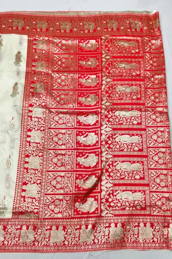 Cream zari woven baluchari silk traditional saree with blouse piece