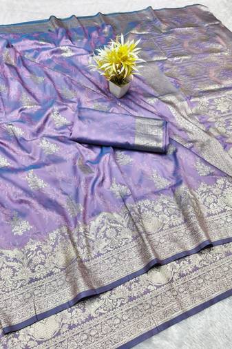 Purple zari woven silk traditional saree with blouse piece