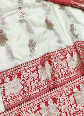Cream zari woven baluchari silk traditional saree with blouse piece 3