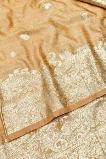 Peach zari woven satin silk traditional saree with blouse piece