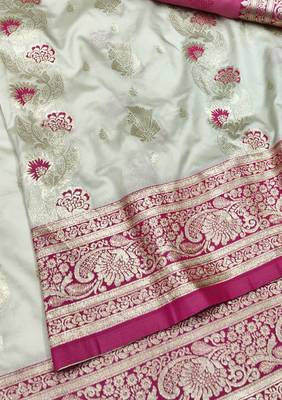 Cream zari woven silk traditional saree with blouse piece 3