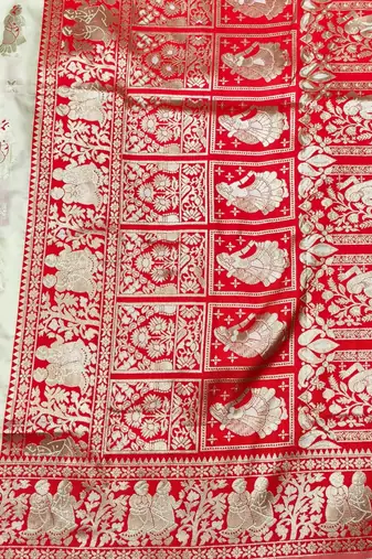 Cream zari woven baluchari silk traditional saree with blouse piece