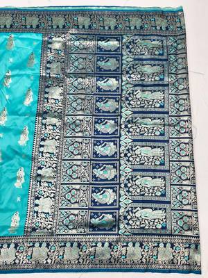 Blue zari woven baluchari silk traditional saree with blouse piece 1