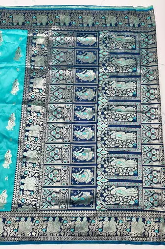 Blue zari woven baluchari silk traditional saree with blouse piece