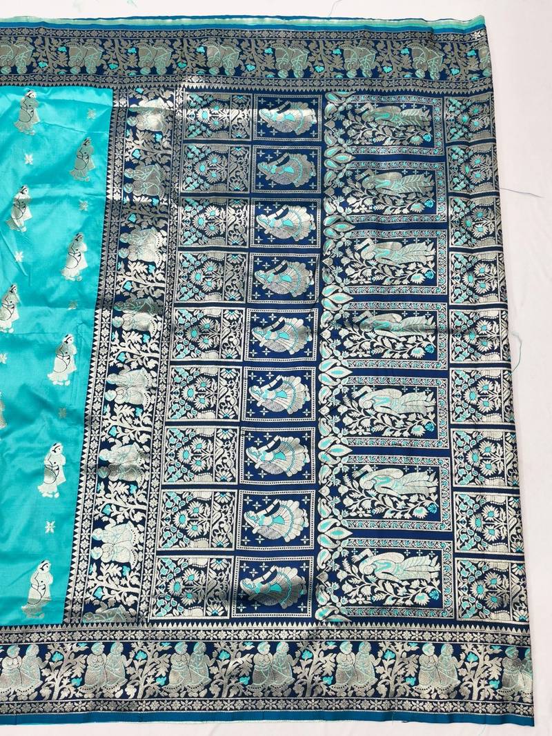 Blue zari woven baluchari silk traditional saree with blouse piece