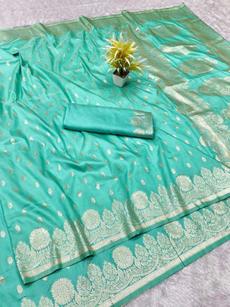 Light blue woven banarasi silk traditional saree with blouse piece