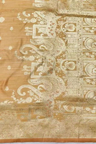 Peach zari woven satin silk traditional saree with blouse piece