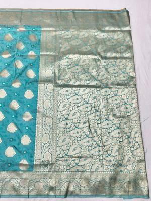 Blue zari woven banarasi silk traditional saree with blouse piece 1