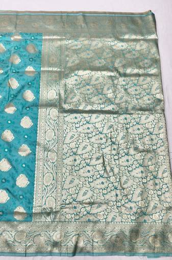 Blue zari woven banarasi silk traditional saree with blouse piece
