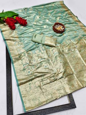 Firozi zari woven satin silk traditional saree with blouse piece 1