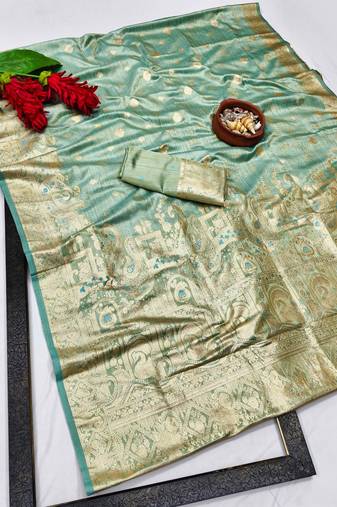 Firozi zari woven satin silk traditional saree with blouse piece