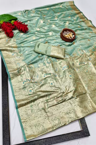 Firozi zari woven satin silk traditional saree with blouse piece