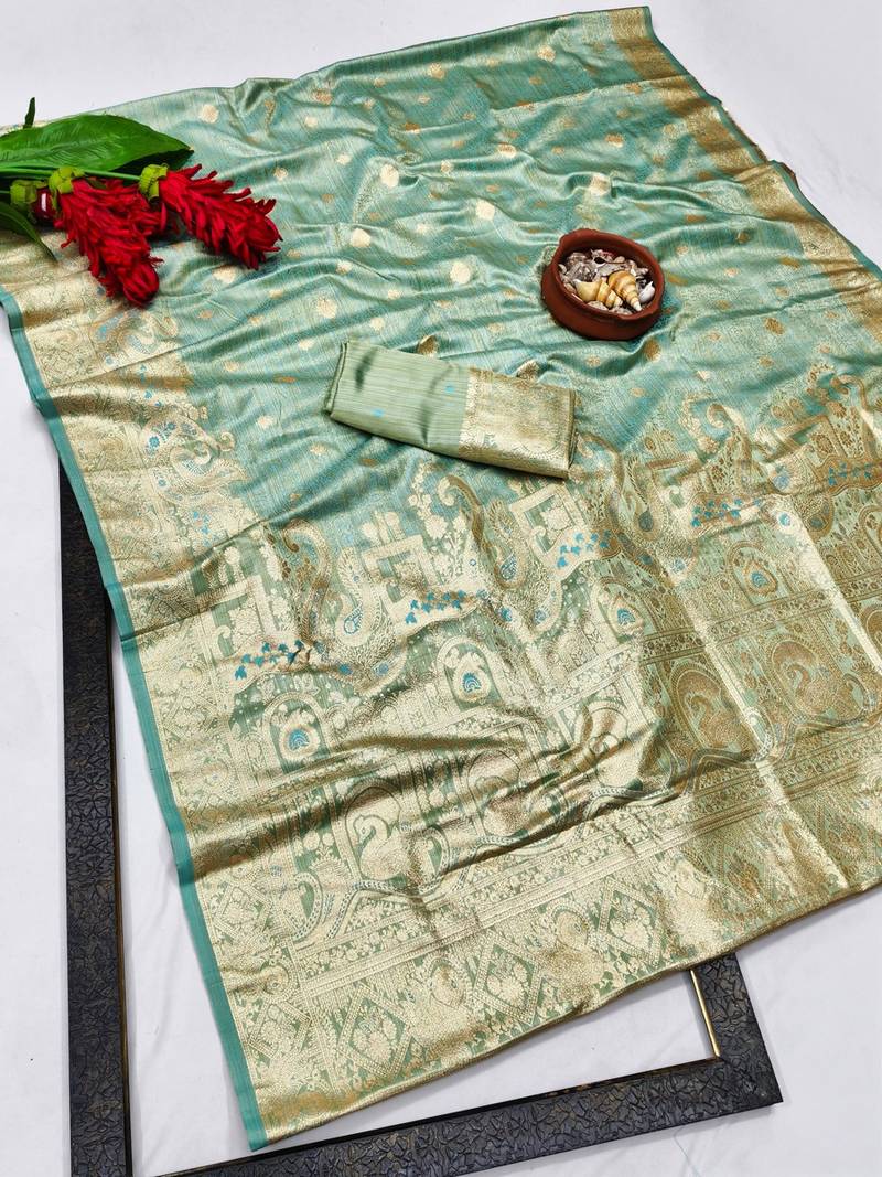 Firozi zari woven banarasi satin silk traditional saree with blouse piece