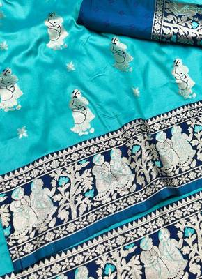 Blue zari woven baluchari silk traditional saree with blouse piece 2
