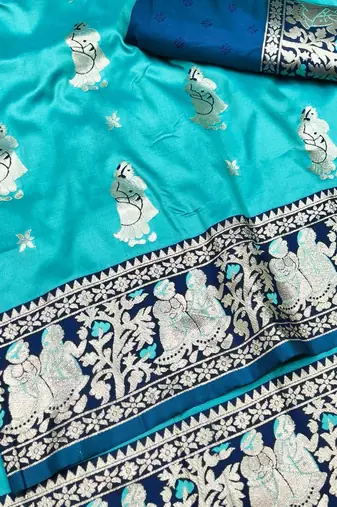 Blue zari woven baluchari silk traditional saree with blouse piece