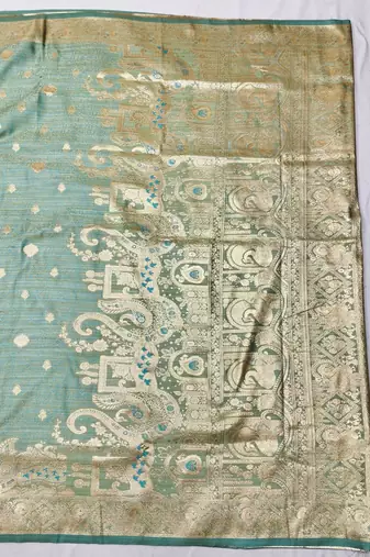 Firozi zari woven satin silk traditional saree with blouse piece