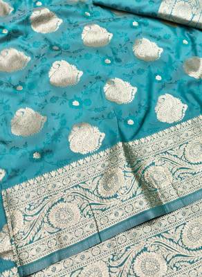 Blue zari woven banarasi silk traditional saree with blouse piece 2