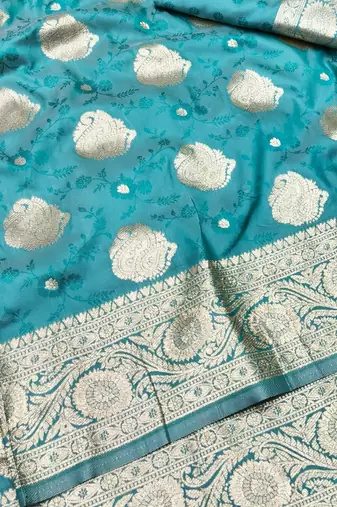 Blue zari woven banarasi silk traditional saree with blouse piece