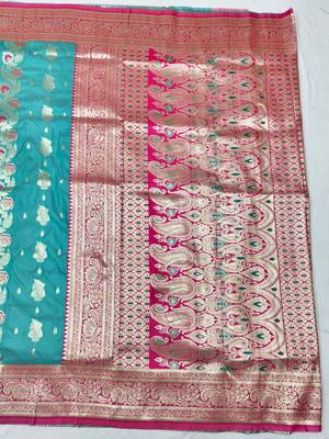 Blue zari woven banarasi silk traditional saree with blouse piece 2
